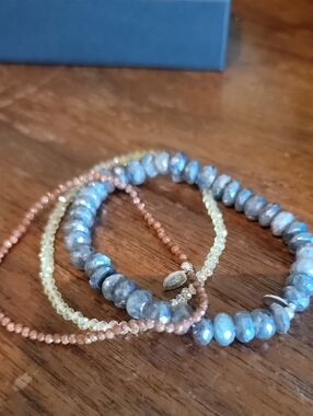 RlbyCL Labradorite and Mixed Bead Stretch Bracelet Set - Blue, Gold, YELLOW